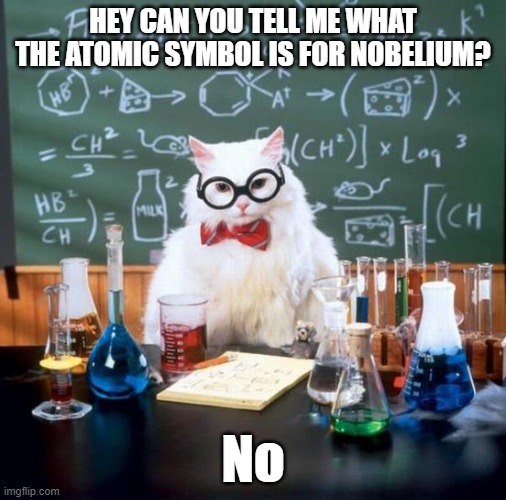 Nobelium Chemistry cat | HEY CAN YOU TELL ME WHAT THE ATOMIC SYMBOL IS FOR NOBELIUM? No | image tagged in memes,chemistry cat | made w/ Imgflip meme maker