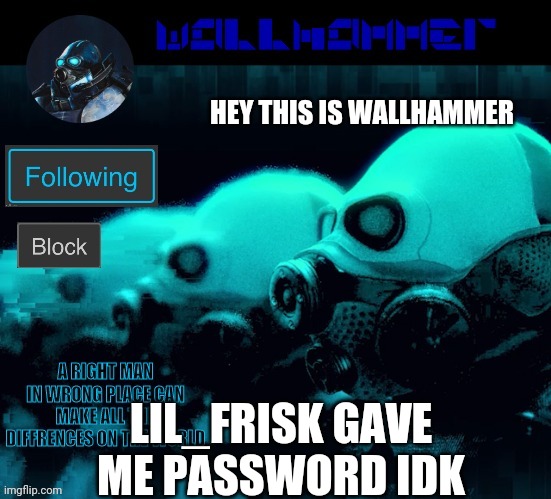 HEY THIS IS WALLHAMMER; LIL_FRISK GAVE ME PASSWORD IDK | image tagged in wallhammer | made w/ Imgflip meme maker