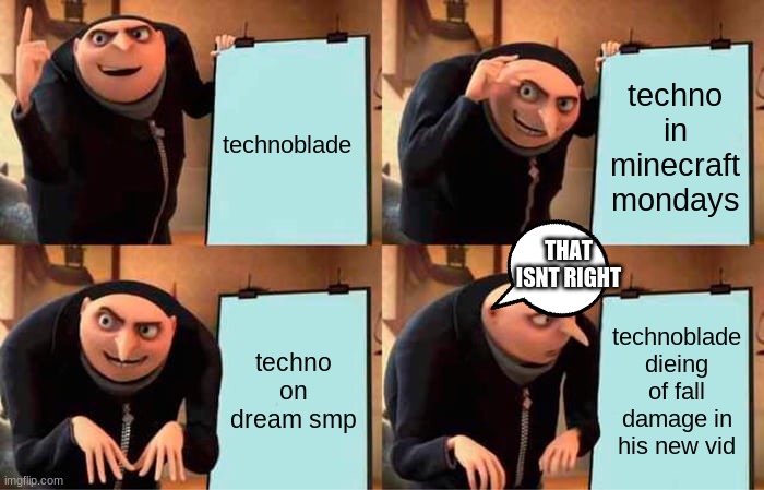that isn't right | technoblade; techno in minecraft mondays; THAT ISNT RIGHT; techno on dream smp; technoblade dieing of fall damage in his new vid | image tagged in memes,gru's plan | made w/ Imgflip meme maker