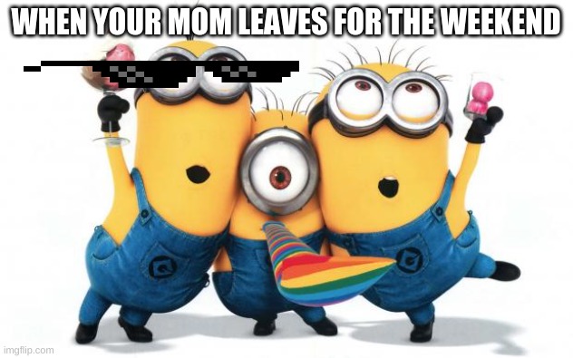 party meme | WHEN YOUR MOM LEAVES FOR THE WEEKEND | image tagged in minion party despicable me | made w/ Imgflip meme maker