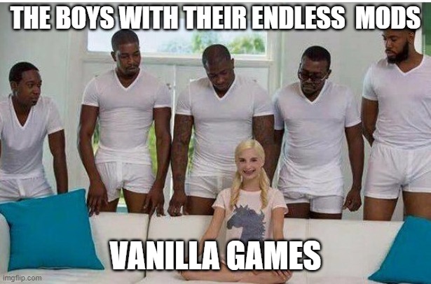 Gaming Mods with the boys | THE BOYS WITH THEIR ENDLESS  MODS; VANILLA GAMES | image tagged in gangbang | made w/ Imgflip meme maker