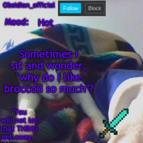 Hot; Sometimes I sit and wonder, "why do I like broccoli so much"? | image tagged in obsidian_official's template2 | made w/ Imgflip meme maker