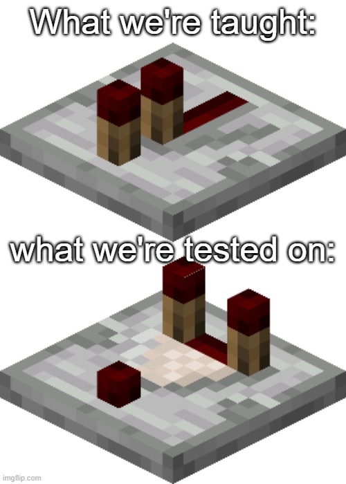 What we're taught:; what we're tested on: | image tagged in minecraft | made w/ Imgflip meme maker