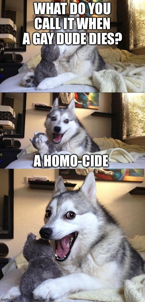 Bad Joke Dog | WHAT DO YOU CALL IT WHEN A GAY DUDE DIES? A HOMO-CIDE | image tagged in bad joke dog | made w/ Imgflip meme maker