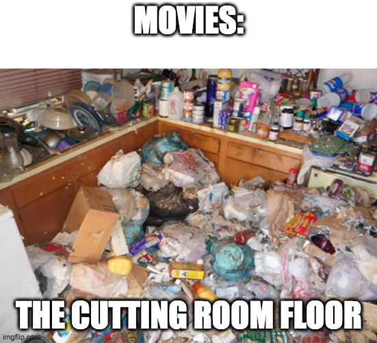 The cutting room floor | MOVIES:; THE CUTTING ROOM FLOOR | image tagged in hoarder house,movies | made w/ Imgflip meme maker