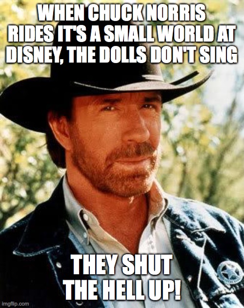 Chuck Norris Disney World | WHEN CHUCK NORRIS RIDES IT'S A SMALL WORLD AT DISNEY, THE DOLLS DON'T SING; THEY SHUT THE HELL UP! | image tagged in memes,chuck norris | made w/ Imgflip meme maker