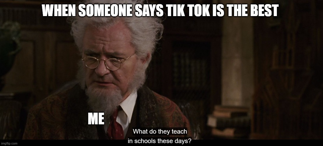 Teach in schools | WHEN SOMEONE SAYS TIK TOK IS THE BEST; ME | image tagged in teach in schools | made w/ Imgflip meme maker
