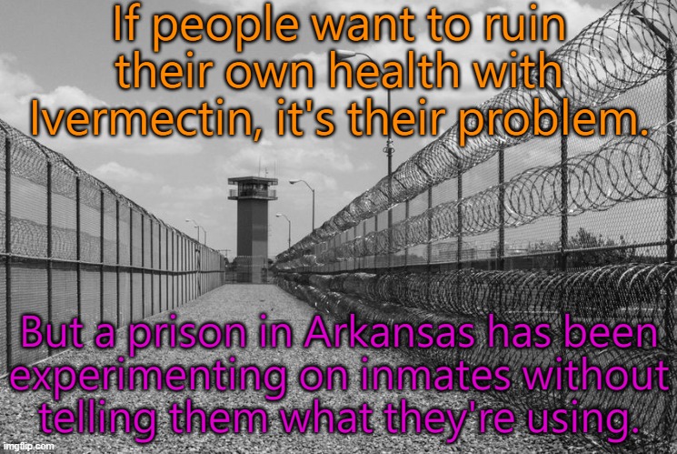 Misinformation about virus treatments has led to a crime against humanity. | If people want to ruin their own health with Ivermectin, it's their problem. But a prison in Arkansas has been
experimenting on inmates without
telling them what they're using. | image tagged in prison tower,science,human rights | made w/ Imgflip meme maker