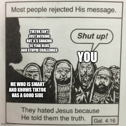 They hated jesus because he told them the truth | YOU TIKTOK ISN'T JUST NOTHING BUT A*S SHAKING 14 YEAR OLDS AND STUPID CHALLENGES ME WHO IS SMART AND KNOWS TIKTOK HAS A GOOD SIDE | image tagged in they hated jesus because he told them the truth | made w/ Imgflip meme maker