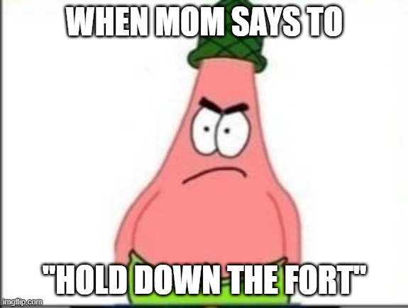 Hold Down The Fort | WHEN MOM SAYS TO; "HOLD DOWN THE FORT" | image tagged in sponegbob | made w/ Imgflip meme maker