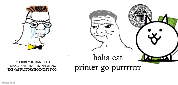 Haha money printer go brrr | haha cat printer go purrrrrrr NOOO!!! YOU CANT JUST MAKE INFINITE CATS INFLATING THE CAT FACTORY ECONOMY NOO!! | image tagged in haha money printer go brrr | made w/ Imgflip meme maker