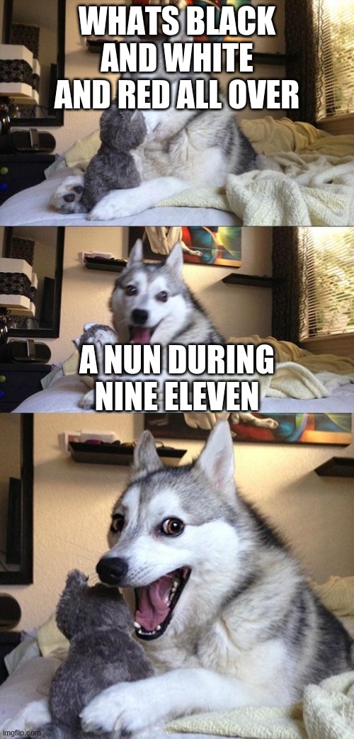 Bad Joke Dog | WHATS BLACK AND WHITE AND RED ALL OVER; A NUN DURING NINE ELEVEN | image tagged in bad joke dog | made w/ Imgflip meme maker