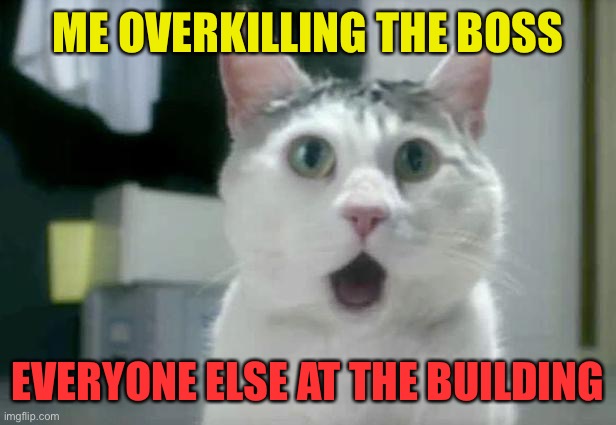 xD |  ME OVERKILLING THE BOSS; EVERYONE ELSE AT THE BUILDING | image tagged in memes,omg cat | made w/ Imgflip meme maker
