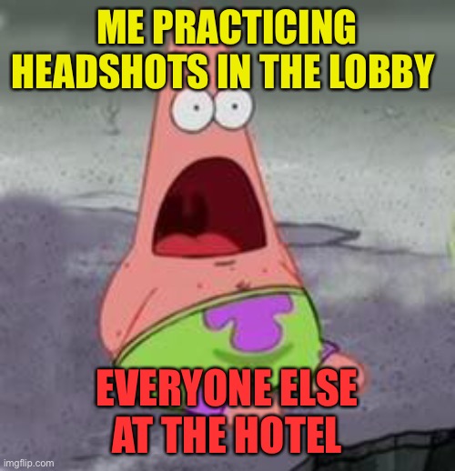 xD | ME PRACTICING HEADSHOTS IN THE LOBBY; EVERYONE ELSE AT THE HOTEL | image tagged in suprised patrick | made w/ Imgflip meme maker