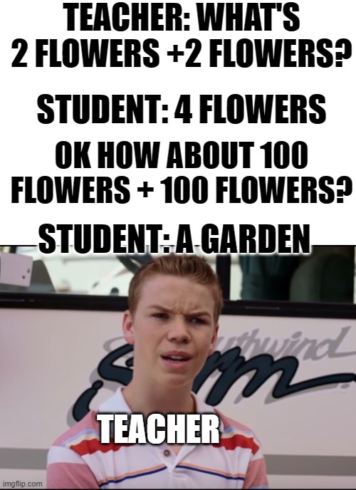 flowers are always in a garden | TEACHER: WHAT'S 2 FLOWERS +2 FLOWERS? STUDENT: 4 FLOWERS; OK HOW ABOUT 100 FLOWERS + 100 FLOWERS? STUDENT: A GARDEN; TEACHER | image tagged in you guys are getting paid | made w/ Imgflip meme maker
