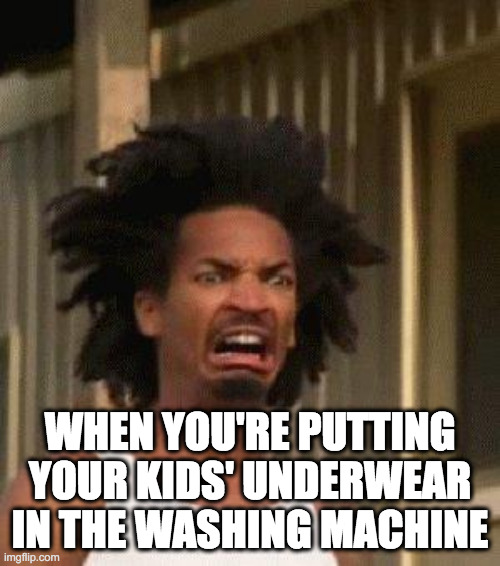 underwear in the washing machine | WHEN YOU'RE PUTTING YOUR KIDS' UNDERWEAR IN THE WASHING MACHINE | image tagged in disgusted face,underwear,parenting,kids | made w/ Imgflip meme maker
