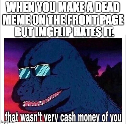 Dead meme | WHEN YOU MAKE A DEAD MEME ON THE FRONT PAGE; BUT IMGFLIP HATES IT. | image tagged in that wasn t very cash money,dead memes | made w/ Imgflip meme maker