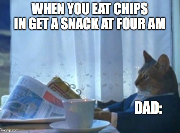 I Should Buy A Boat Cat | WHEN YOU EAT CHIPS IN GET A SNACK AT FOUR AM; DAD: | image tagged in memes,i should buy a boat cat | made w/ Imgflip meme maker