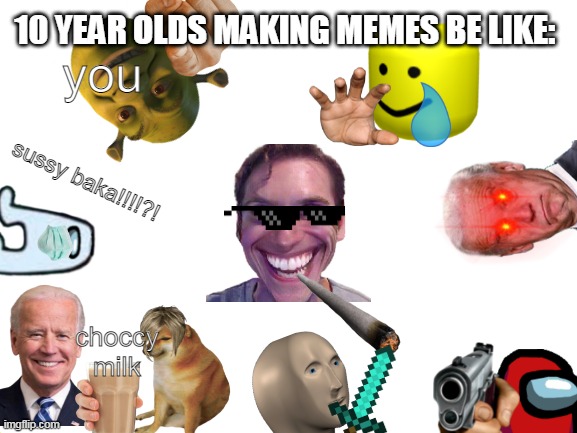 seriously | 10 YEAR OLDS MAKING MEMES BE LIKE:; you; sussy baka!!!!?! choccy milk | image tagged in blank white template | made w/ Imgflip meme maker