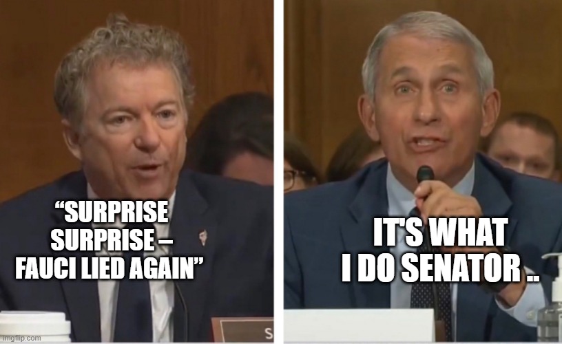 “Chimeric Coronaviruses” | “SURPRISE SURPRISE – FAUCI LIED AGAIN”; IT'S WHAT I DO SENATOR .. | image tagged in fauci | made w/ Imgflip meme maker