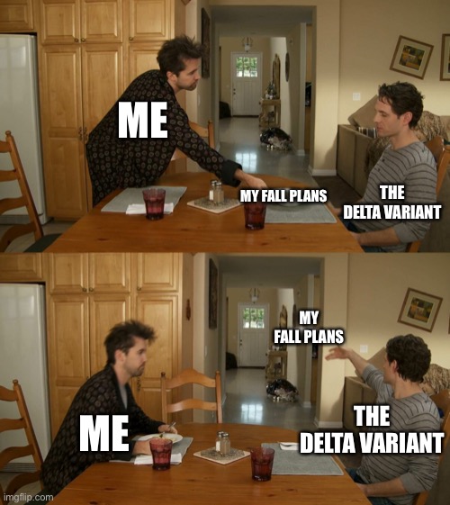 Sunny Delta Variant | ME; THE DELTA VARIANT; MY FALL PLANS; MY FALL PLANS; ME; THE DELTA VARIANT | image tagged in plate toss | made w/ Imgflip meme maker