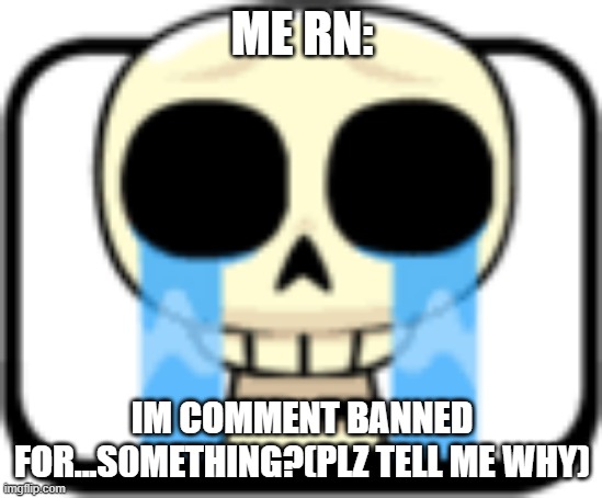 Cry About It Skeleton | ME RN:; IM COMMENT BANNED FOR...S0METHING?(PLZ TELL ME WHY) | image tagged in cry about it skeleton | made w/ Imgflip meme maker