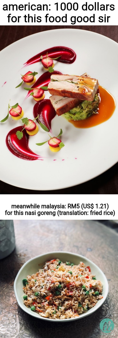 american: 1000 dollars for this food good sir; meanwhile malaysia: RM5 (US$ 1.21) for this nasi goreng (translation: fried rice) | made w/ Imgflip meme maker