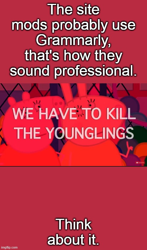 we have to kill the younglings | The site mods probably use Grammarly, that's how they sound professional. Think about it. | image tagged in we have to kill the younglings | made w/ Imgflip meme maker