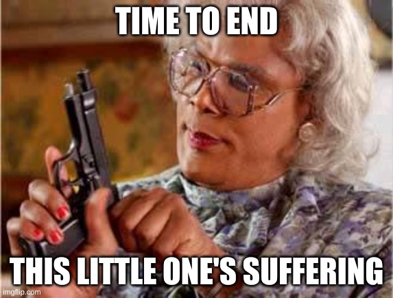 Madea with Gun | TIME TO END THIS LITTLE ONE'S SUFFERING | image tagged in madea with gun | made w/ Imgflip meme maker