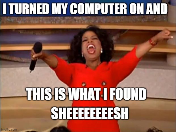 Oprah You Get A Meme | I TURNED MY COMPUTER ON AND; THIS IS WHAT I FOUND; SHEEEEEEEESH | image tagged in memes,oprah you get a | made w/ Imgflip meme maker