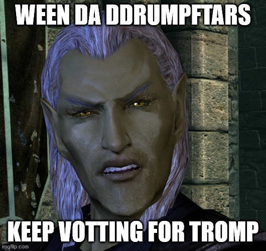 treamp | WEEN DA DDRUMPFTARS; KEEP VOTTING FOR TROMP | image tagged in altmer confused skyrim | made w/ Imgflip meme maker