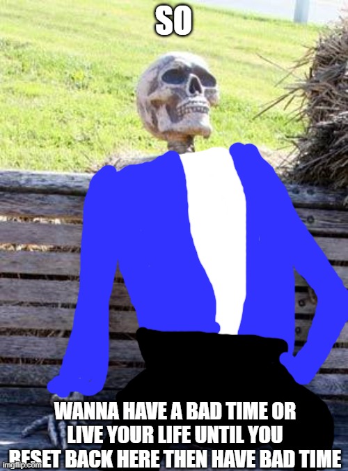 Waiting Skeleton Meme | SO WANNA HAVE A BAD TIME OR LIVE YOUR LIFE UNTIL YOU RESET BACK HERE THEN HAVE BAD TIME | image tagged in memes,waiting skeleton | made w/ Imgflip meme maker