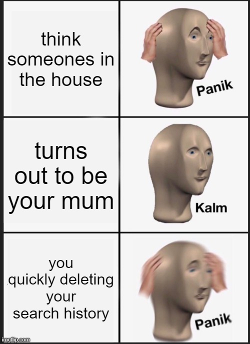 Panik Kalm Panik Meme | think someones in the house; turns out to be your mum; you quickly deleting your search history | image tagged in memes,panik kalm panik | made w/ Imgflip meme maker