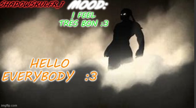 ShadowSkulFR_1 template | I FEEL TRÈS BON :3; HELLO EVERYBODY  :3 | image tagged in shadowskulfr_1 template | made w/ Imgflip meme maker
