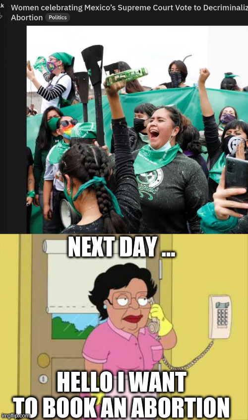 when texans hear aboiut this | NEXT DAY ... HELLO I WANT TO BOOK AN ABORTION | image tagged in memes,consuela | made w/ Imgflip meme maker