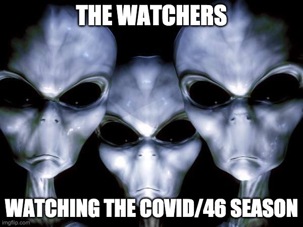 biden 46 episodes sucks | THE WATCHERS; WATCHING THE COVID/46 SEASON | image tagged in grey aliens,covid,biden | made w/ Imgflip meme maker