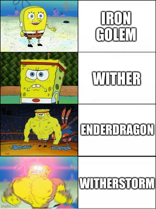 Yup | IRON GOLEM; WITHER; ENDERDRAGON; WITHERSTORM | image tagged in sponge finna commit muder | made w/ Imgflip meme maker