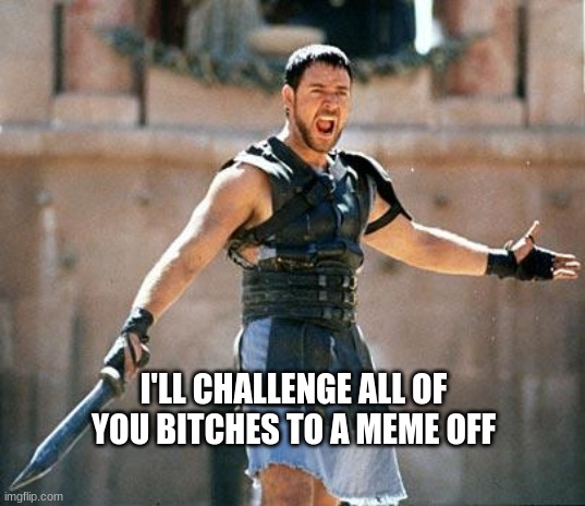 meme off (challenge) |  I'LL CHALLENGE ALL OF YOU BITCHES TO A MEME OFF | image tagged in gladiator | made w/ Imgflip meme maker