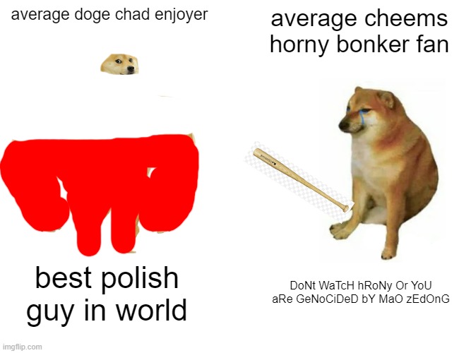 Yeah, imma crush your balls in yo jawz | average doge chad enjoyer; average cheems horny bonker fan; best polish guy in world; DoNt WaTcH hRoNy Or YoU aRe GeNoCiDeD bY MaO zEdOnG | image tagged in memes,buff doge vs cheems | made w/ Imgflip meme maker