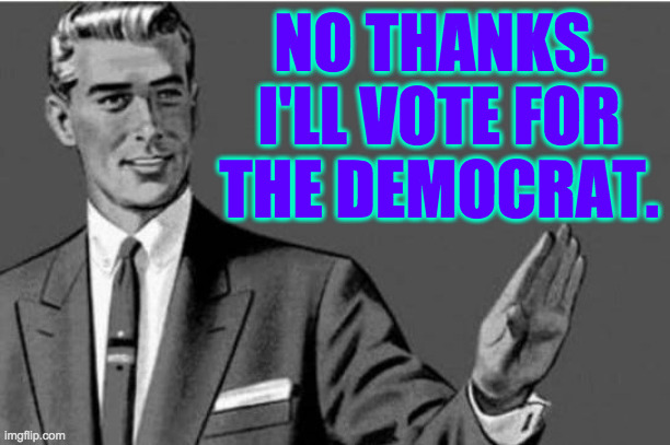 No thanks | NO THANKS.
I'LL VOTE FOR
THE DEMOCRAT. | image tagged in no thanks | made w/ Imgflip meme maker