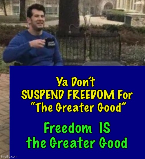 Now, THAT’s America |  Ya Don’t 
SUSPEND FREEDOM For
 “The Greater Good”; Freedom  IS the Greater Good | image tagged in memes,vaccine,freedom,america,dems hate america,patriots dont compromise | made w/ Imgflip meme maker