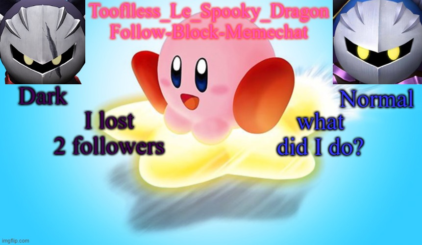 Tooflless's Kirby Temp | I lost 2 followers; what did I do? | image tagged in tooflless's kirby temp | made w/ Imgflip meme maker