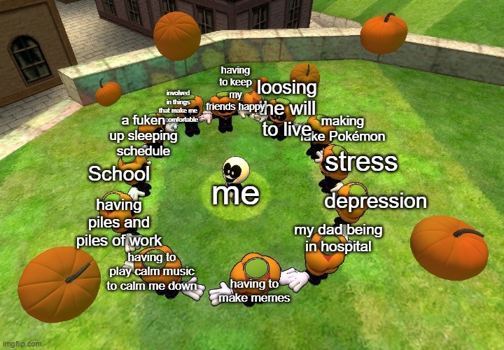 these are the 11/12 reasons why I need to leave | having to keep my friends happy; loosing the will to live; involved in things that make me uncomfortable; a fuken up sleeping schedule; making fake Pokémon; stress; School; me; depression; having piles and piles of work; my dad being in hospital; having to play calm music to calm me down; having to make memes | image tagged in skid surrounded by pump | made w/ Imgflip meme maker