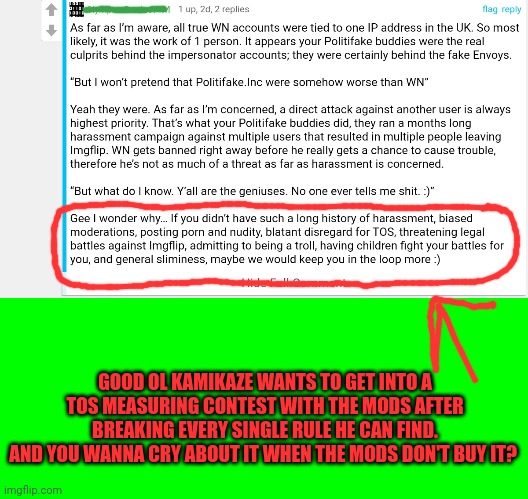GOOD OL KAMIKAZE WANTS TO GET INTO A TOS MEASURING CONTEST WITH THE MODS AFTER BREAKING EVERY SINGLE RULE HE CAN FIND.
AND YOU WANNA CRY ABO | image tagged in green screen for videos | made w/ Imgflip meme maker