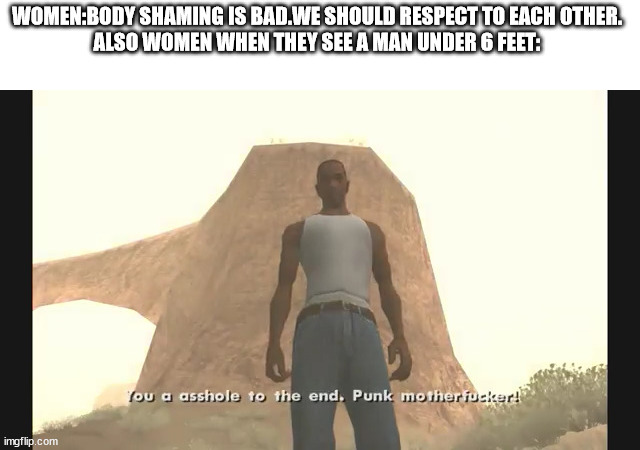Ah yes Gta memes | WOMEN:BODY SHAMING IS BAD.WE SHOULD RESPECT TO EACH OTHER.
ALSO WOMEN WHEN THEY SEE A MAN UNDER 6 FEET: | image tagged in cj | made w/ Imgflip meme maker
