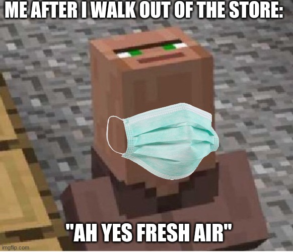 Masked Villager Meme | ME AFTER I WALK OUT OF THE STORE:; "AH YES FRESH AIR" | image tagged in minecraft villager looking up,coronavirus,face mask | made w/ Imgflip meme maker