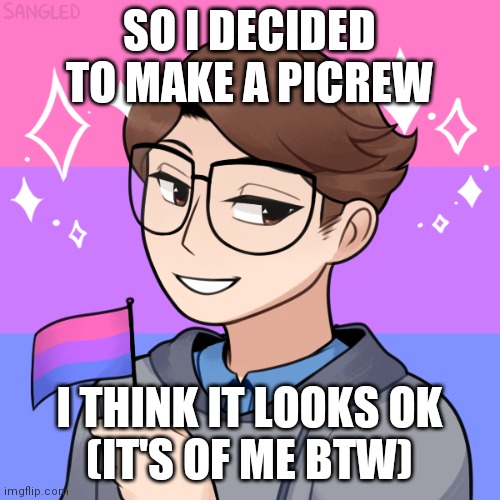 bisexual pride i guess | SO I DECIDED TO MAKE A PICREW; I THINK IT LOOKS OK

(IT'S OF ME BTW) | image tagged in bisexual,original character | made w/ Imgflip meme maker