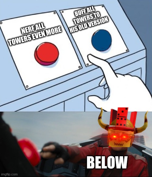 Robotnik Button | BUFF ALL TOWERS TO HIS OLD VERSION; NERF ALL TOWERS EVEN MORE; BELOW | image tagged in robotnik button | made w/ Imgflip meme maker