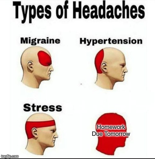 Types of Headaches meme | Homework Due Tomorrow | image tagged in types of headaches meme | made w/ Imgflip meme maker