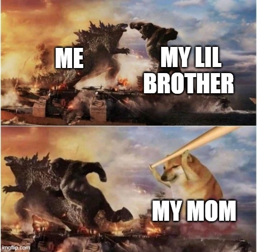 Kong Godzilla Doge | MY LIL BROTHER; ME; MY MOM | image tagged in kong godzilla doge | made w/ Imgflip meme maker